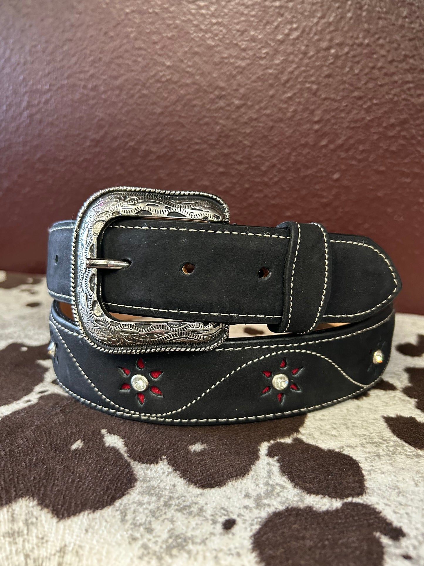 Women’s Black Belt with Red Flower Accents