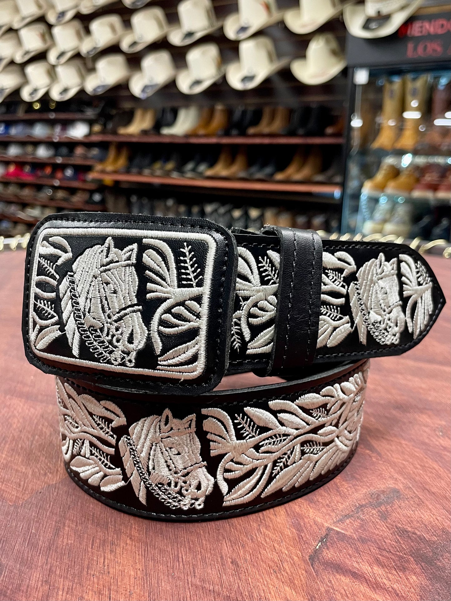 White Embroidered Horse Black Belt