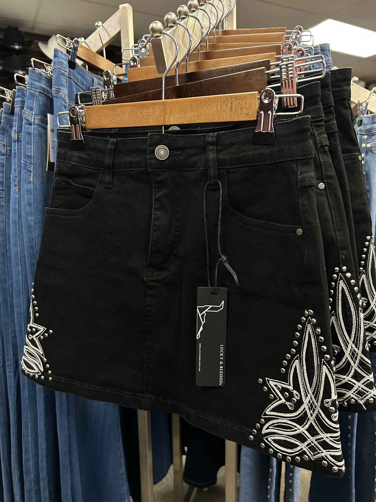 Black Denim Boot Stitch Embroidered Skirt