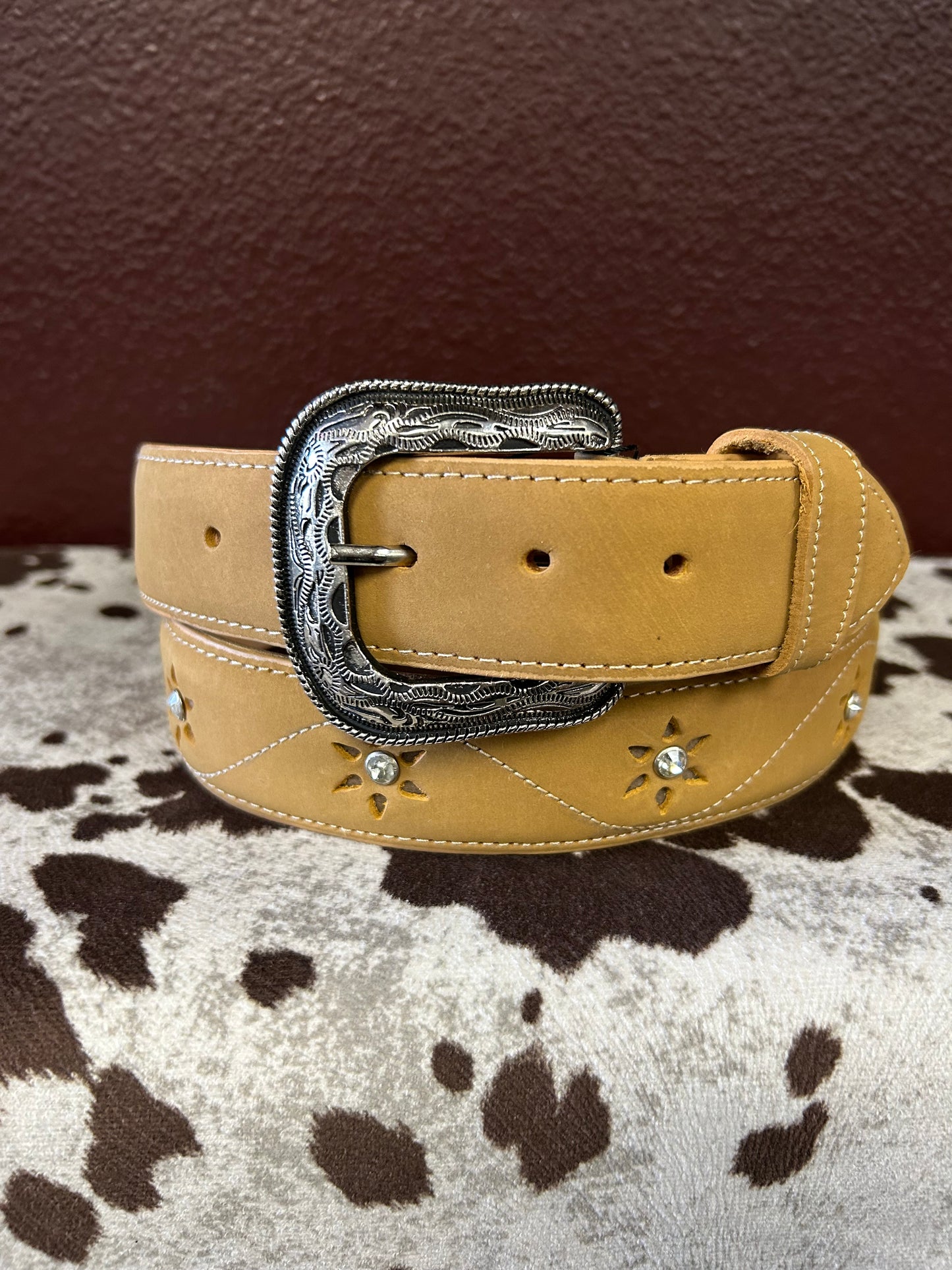 Women’s Tan Belt with Stone Flower Accents