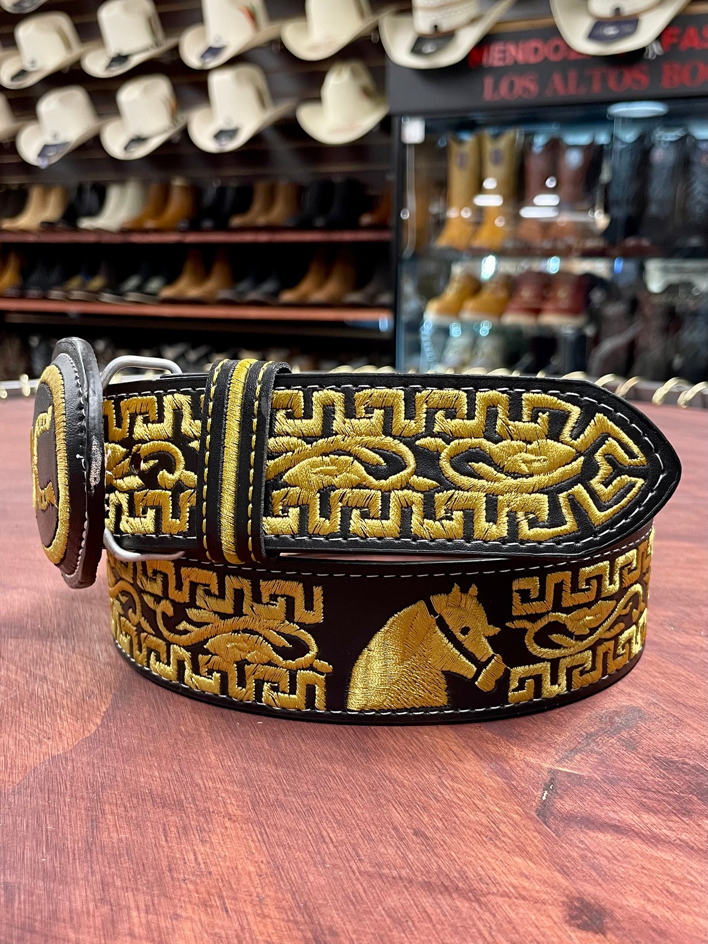Yellow Embroidered Double Horse Shoe Black Belt