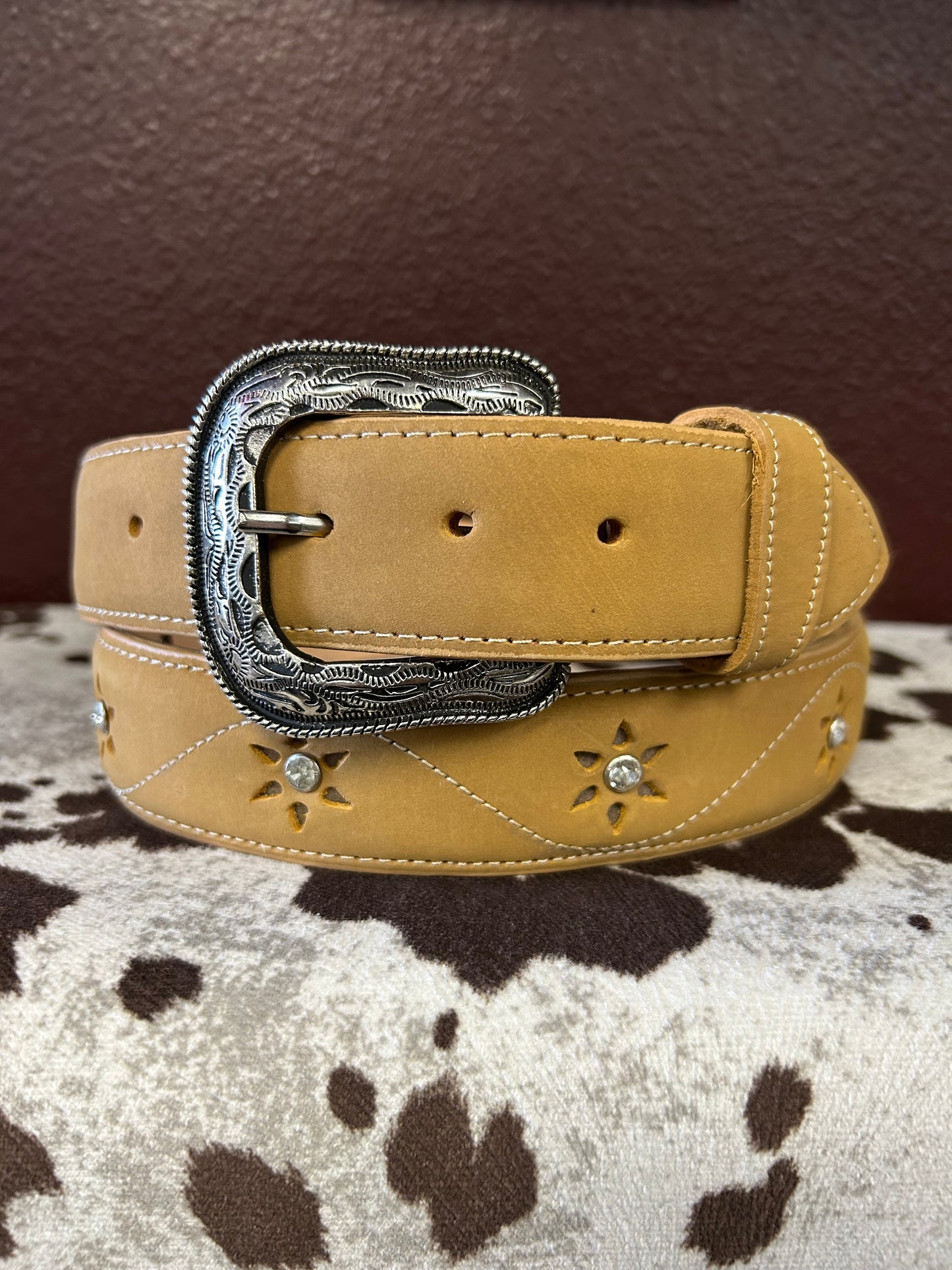 Women’s Tan Belt with Stone Flower Accents