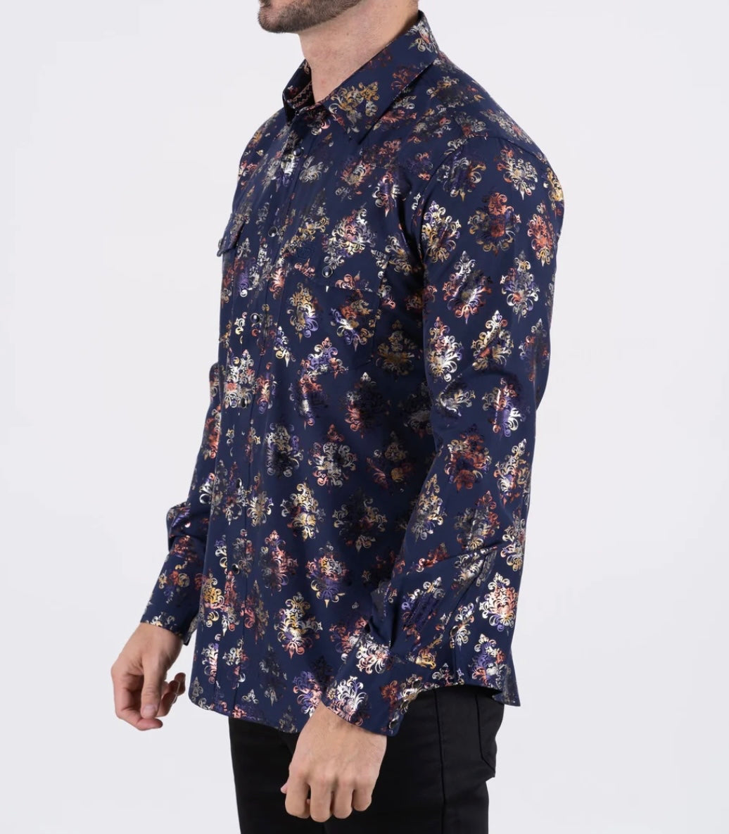 Satin Navy Print Dress Shirt