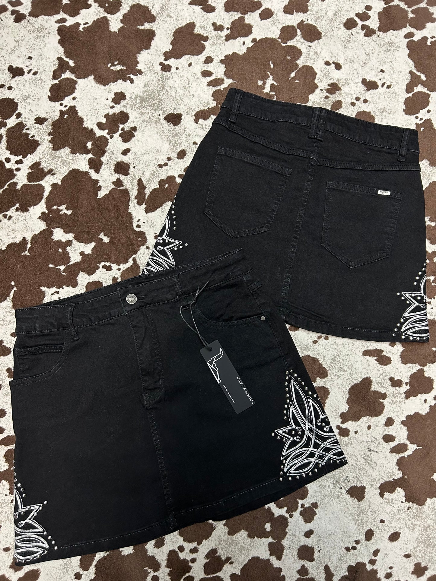 Black Denim Boot Stitch Embroidered Skirt