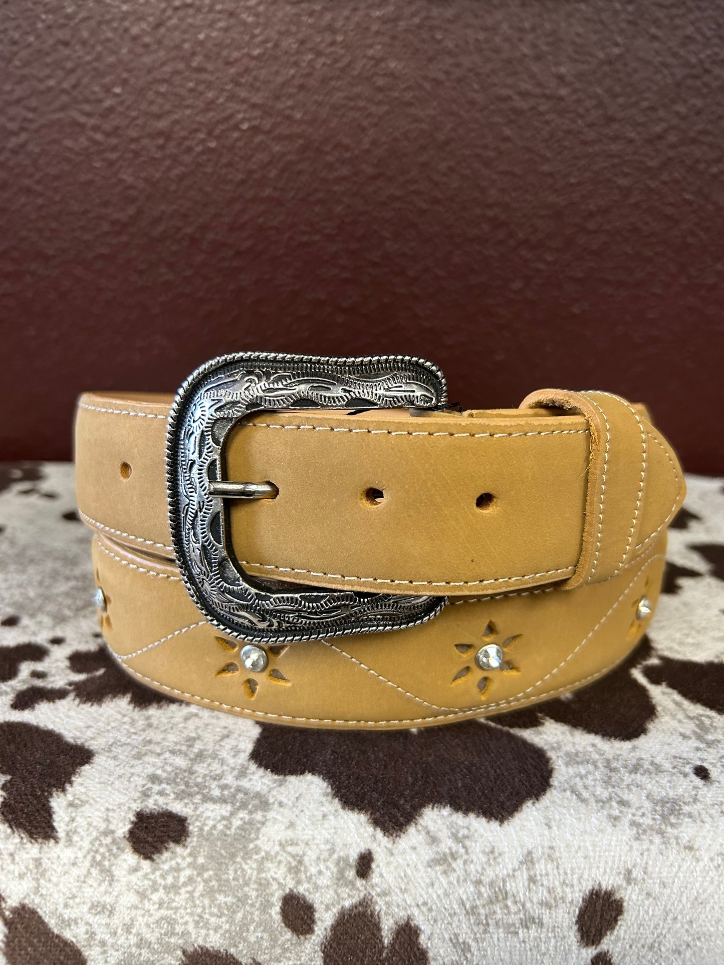 Women’s Tan Belt with Stone Flower Accents