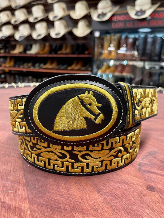 Yellow Embroidered Horse Head Black Belt