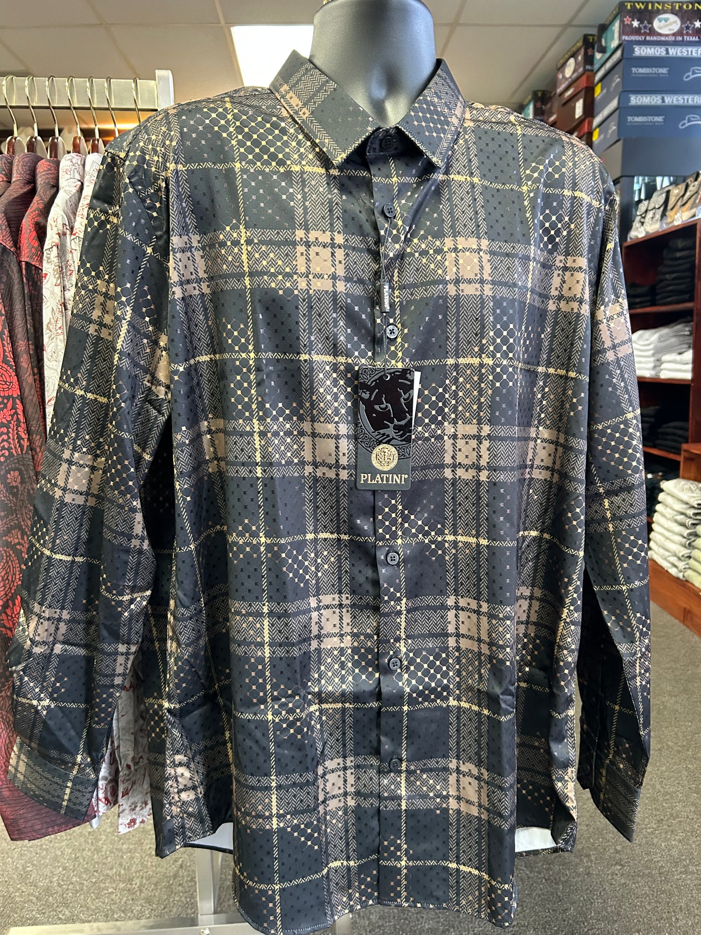 Black and Gold Checkered Dress Shirt