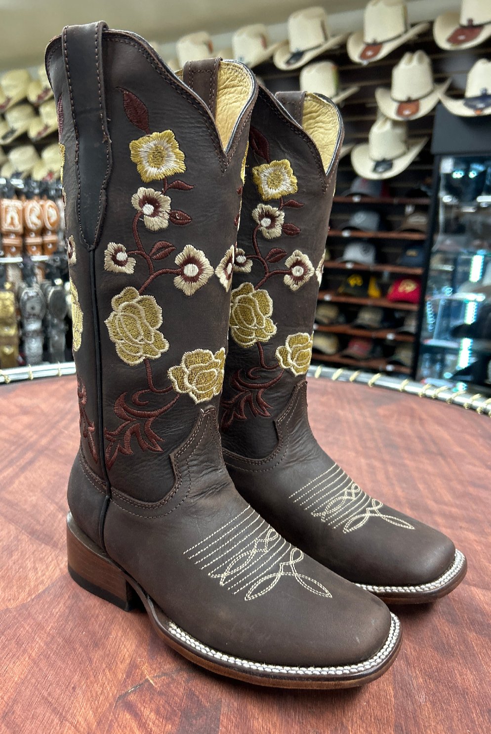 Square Toe Floral Boot (Chocolate)
