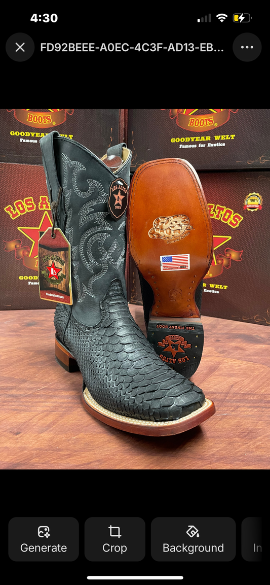 Square Toe Genuine Python Boot (Black)