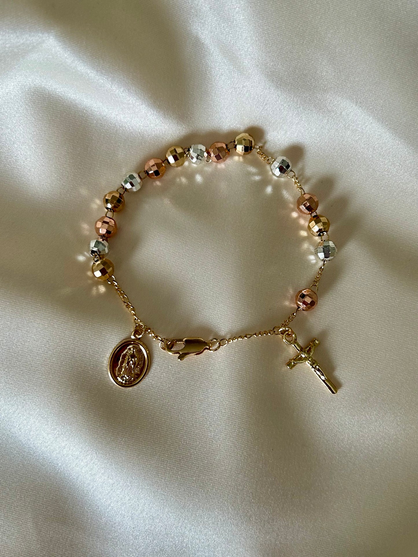 Three Toned Rosary Bracelet with Cross & Mother Mary Charms