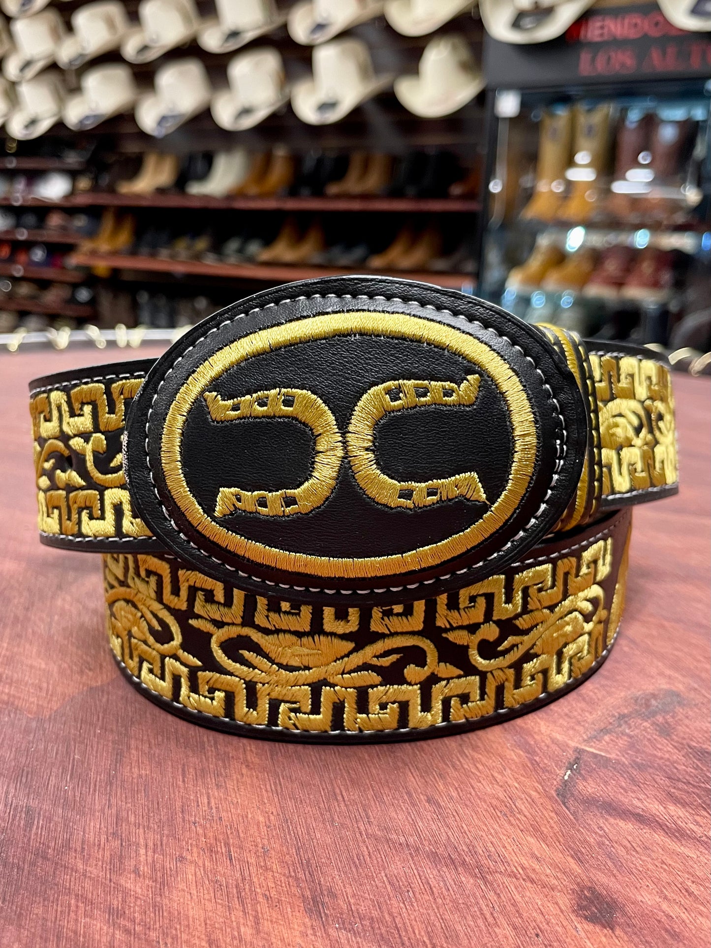 Yellow Embroidered Double Horse Shoe Black Belt