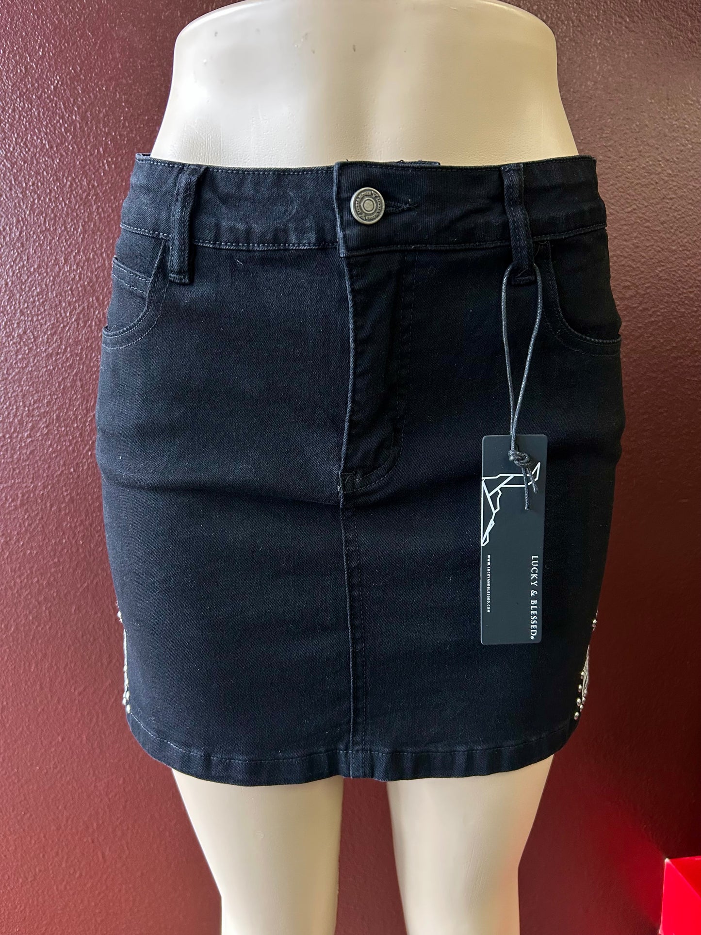 Black Denim Boot Stitch Embroidered Skirt