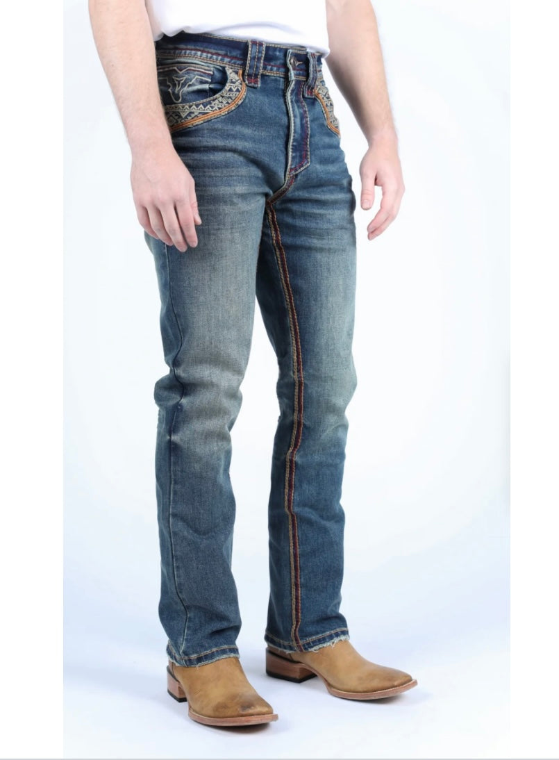 Platini Faded Blue Washed Embroidered Slim Boot-Cut Jeans