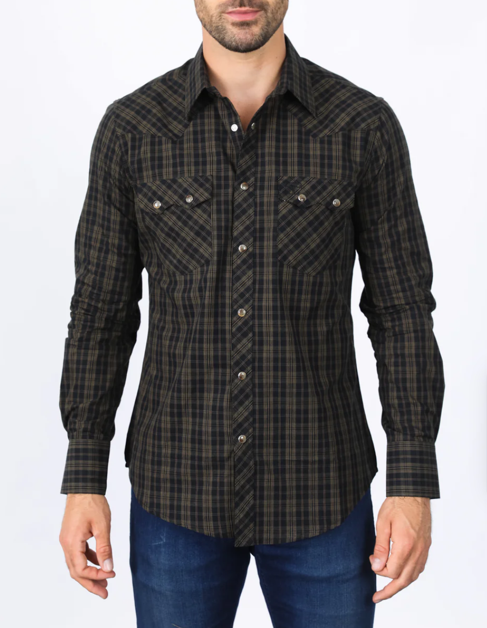 Black & Brown Western Checkered Long Sleeve Shirt