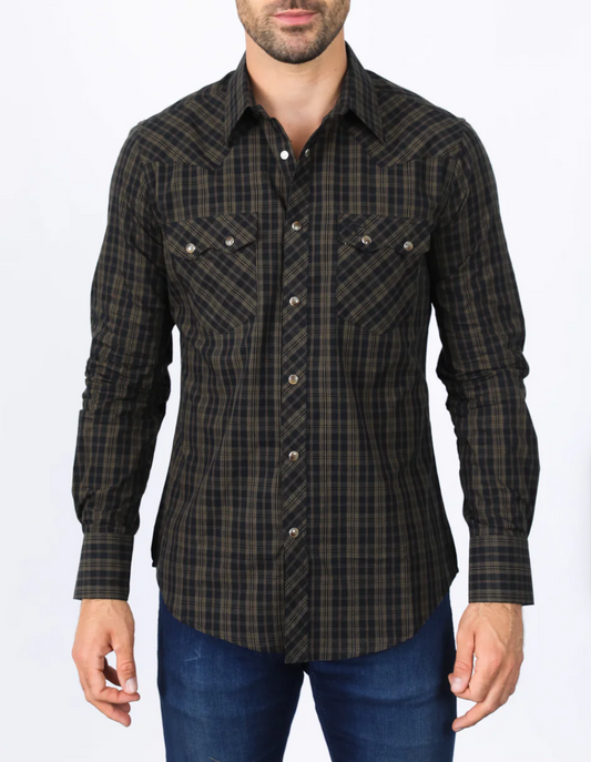 Black & Brown Western Checkered Long Sleeve Shirt