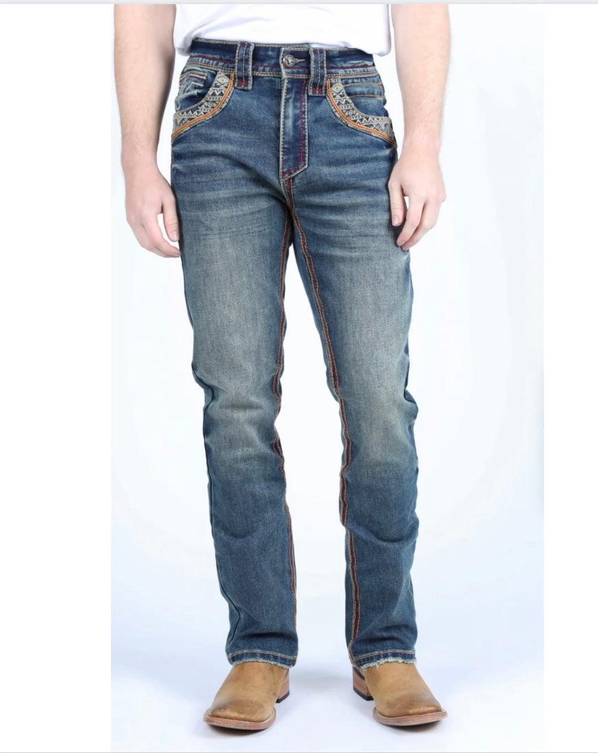 Platini Faded Blue Washed Embroidered Slim Boot-Cut Jeans