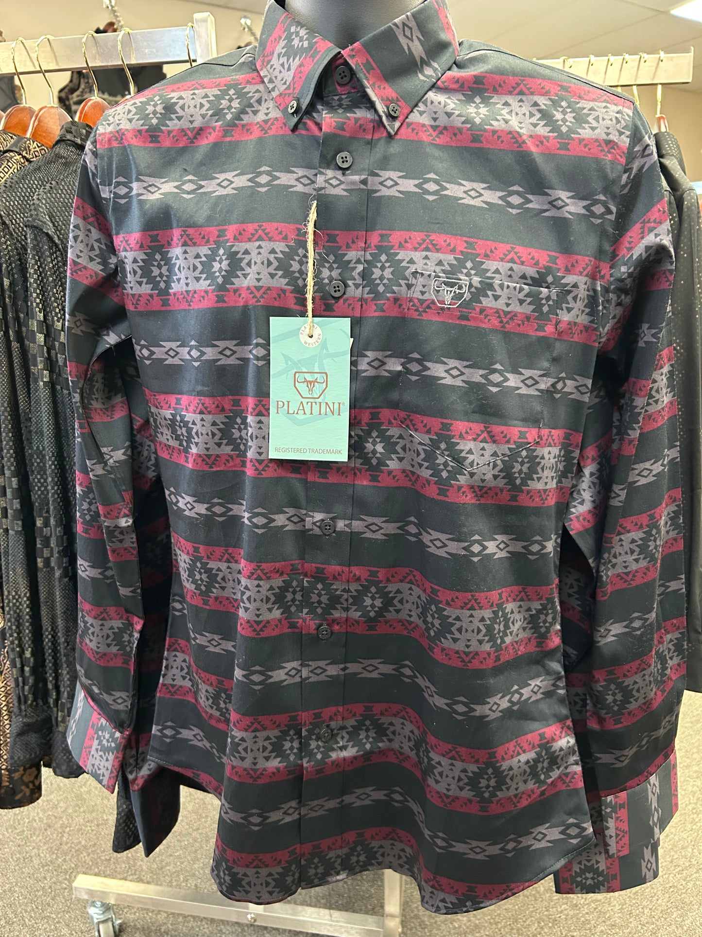Red with Gray Aztec Print Dress Shirt