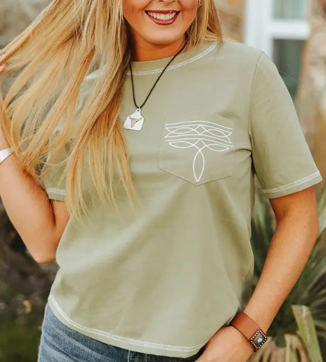 Sage Bootstitch Embroidered Short Sleeve Pocket Tee