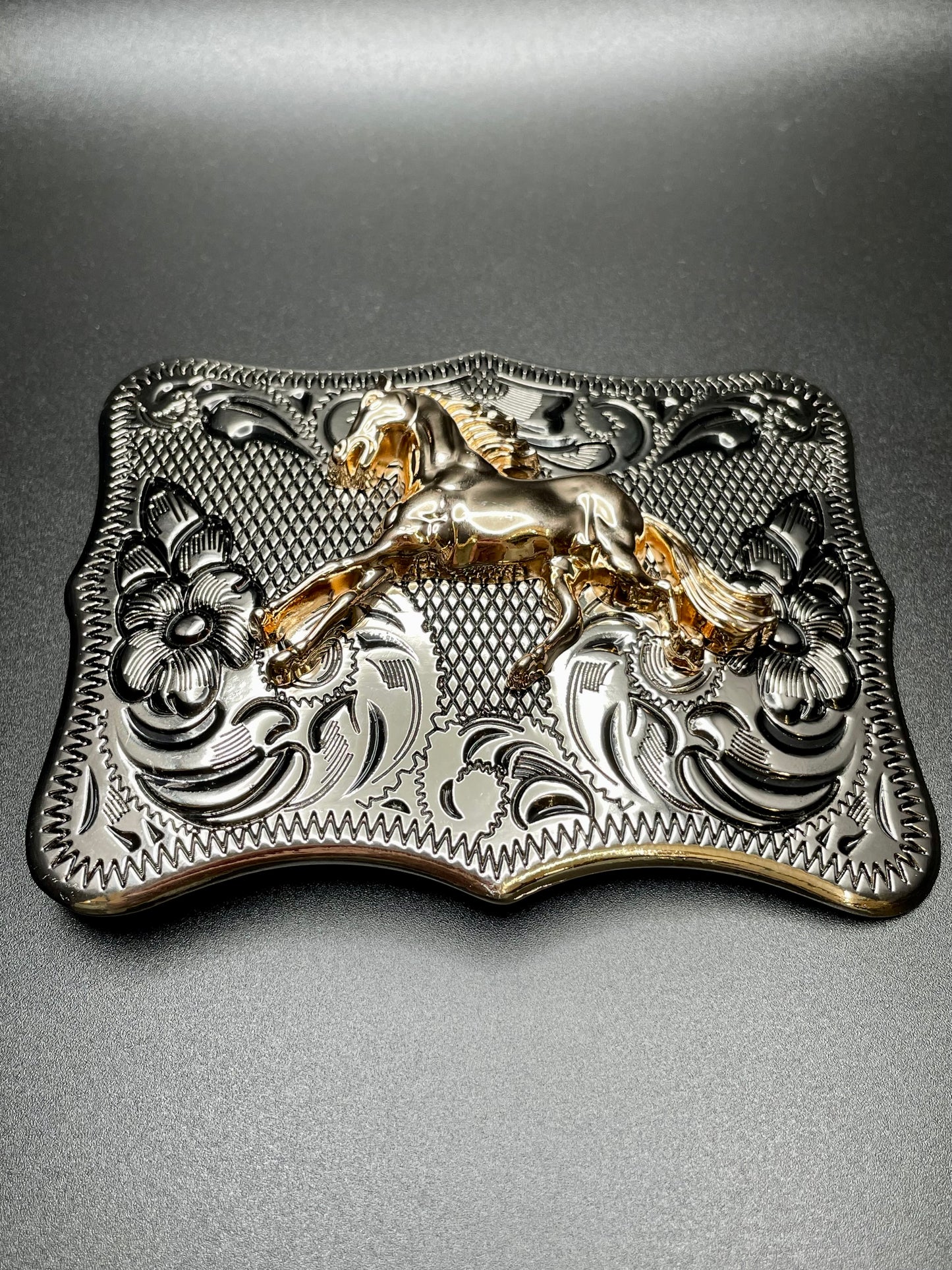 Silver Buckle With Bronze Horse