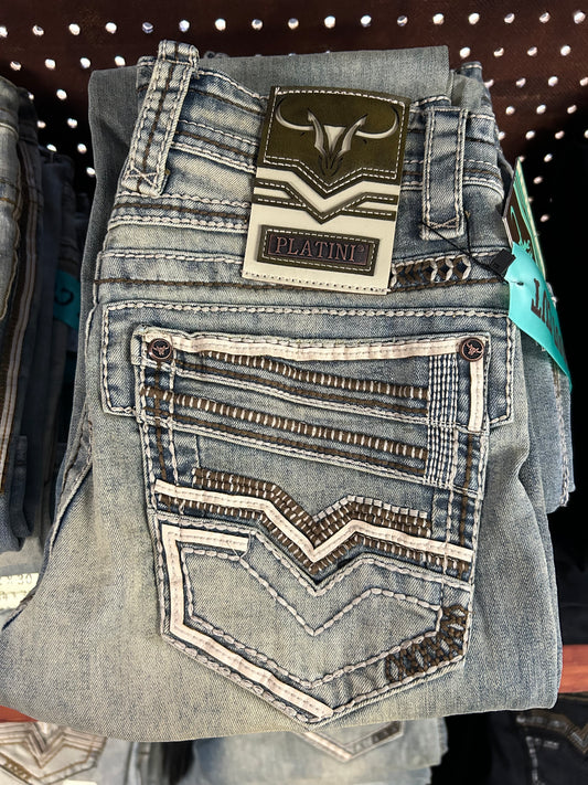 Platini Light Wash Brown Embroidered Bootcut Jeans