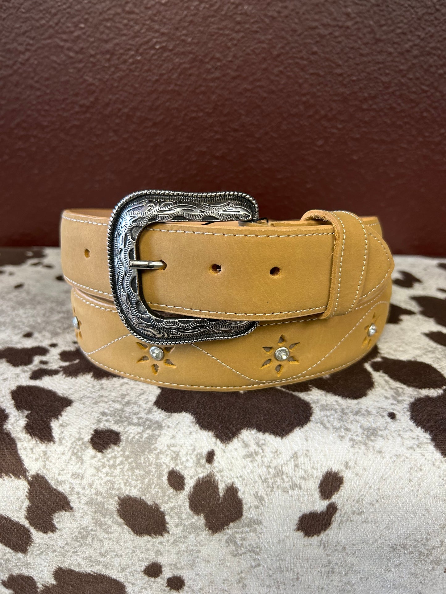 Women’s Tan Belt with Stone Flower Accents