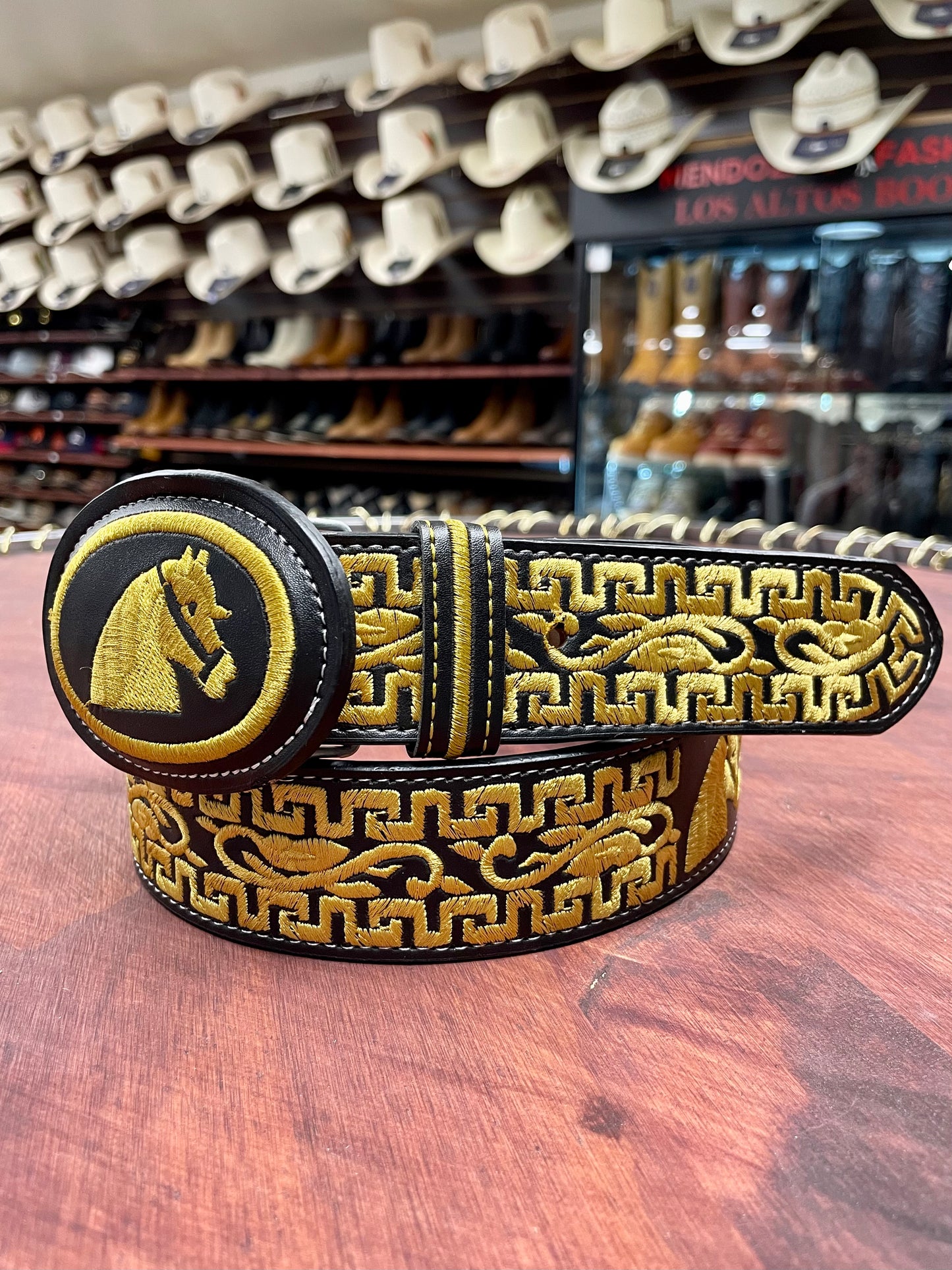 Yellow Embroidered Horse Head Black Belt