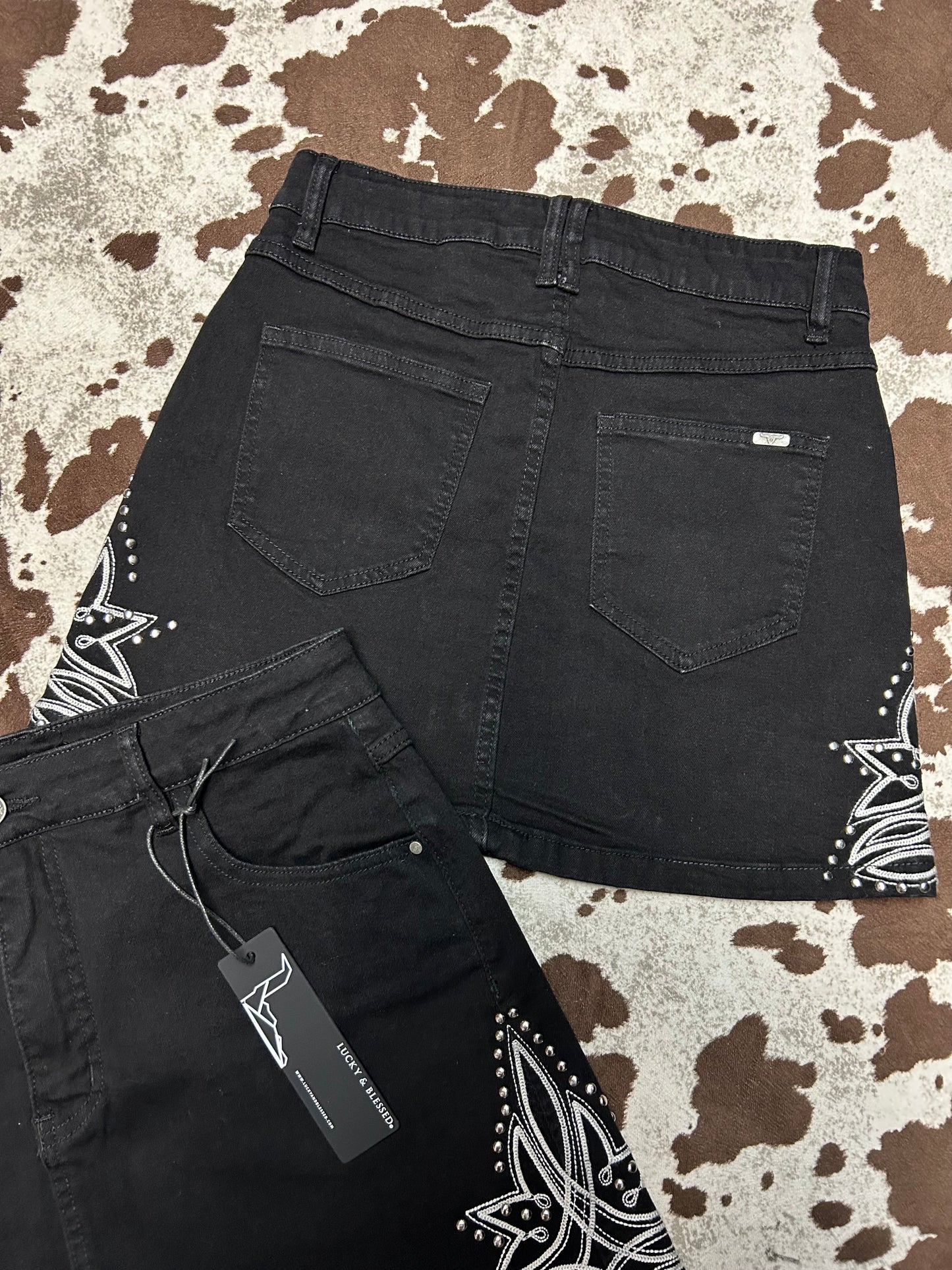 Black Denim Boot Stitch Embroidered Skirt