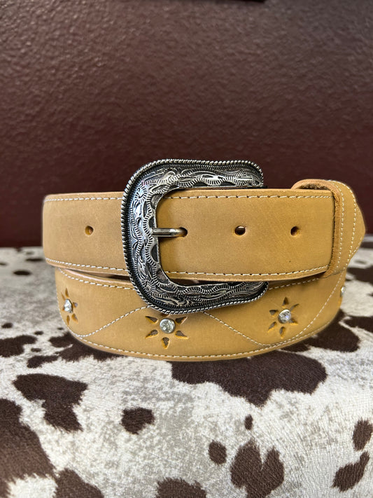 Women’s Tan Belt with Stone Flower Accents