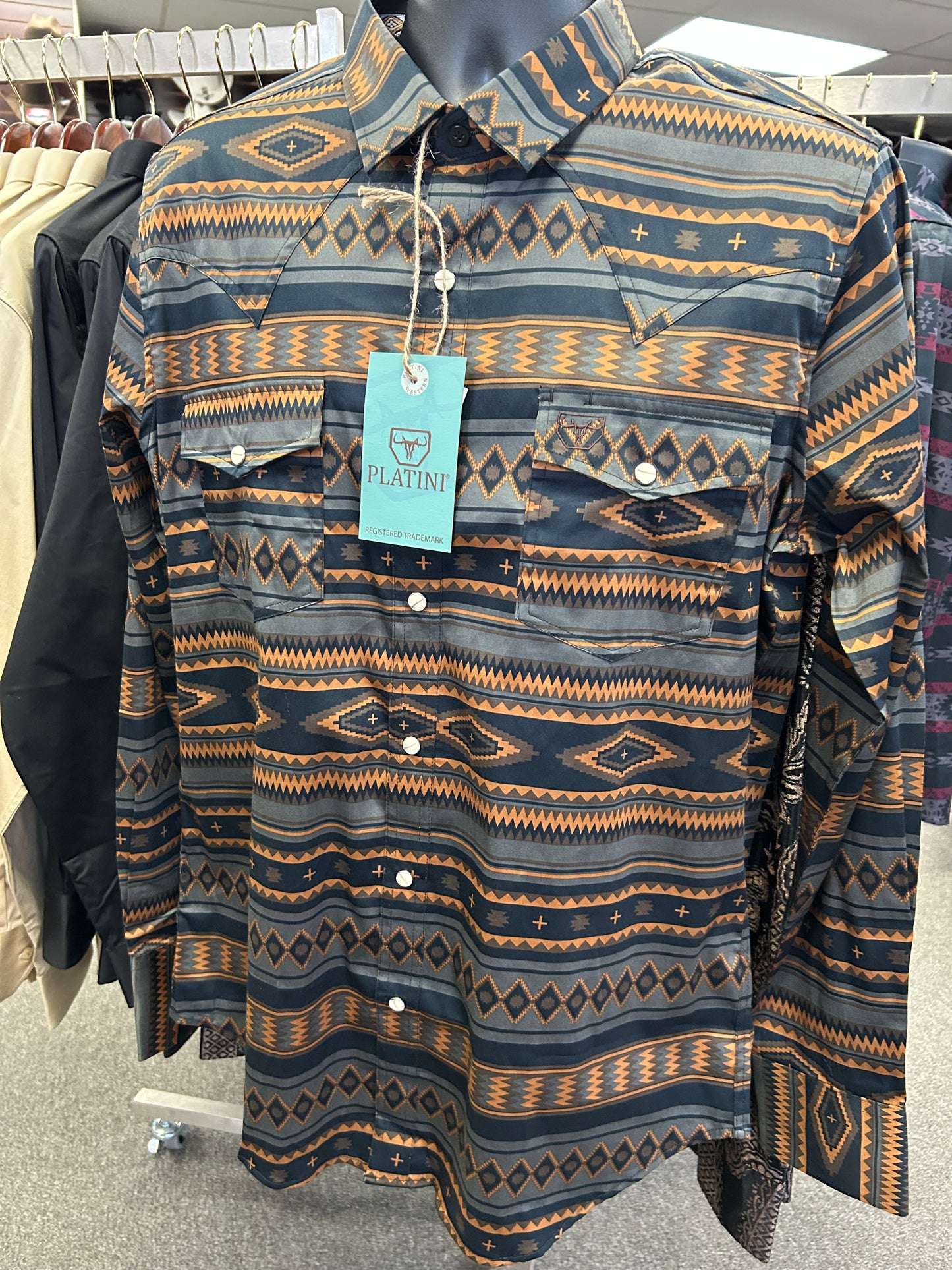 Tan with Gray Aztec Print Dress Shirt