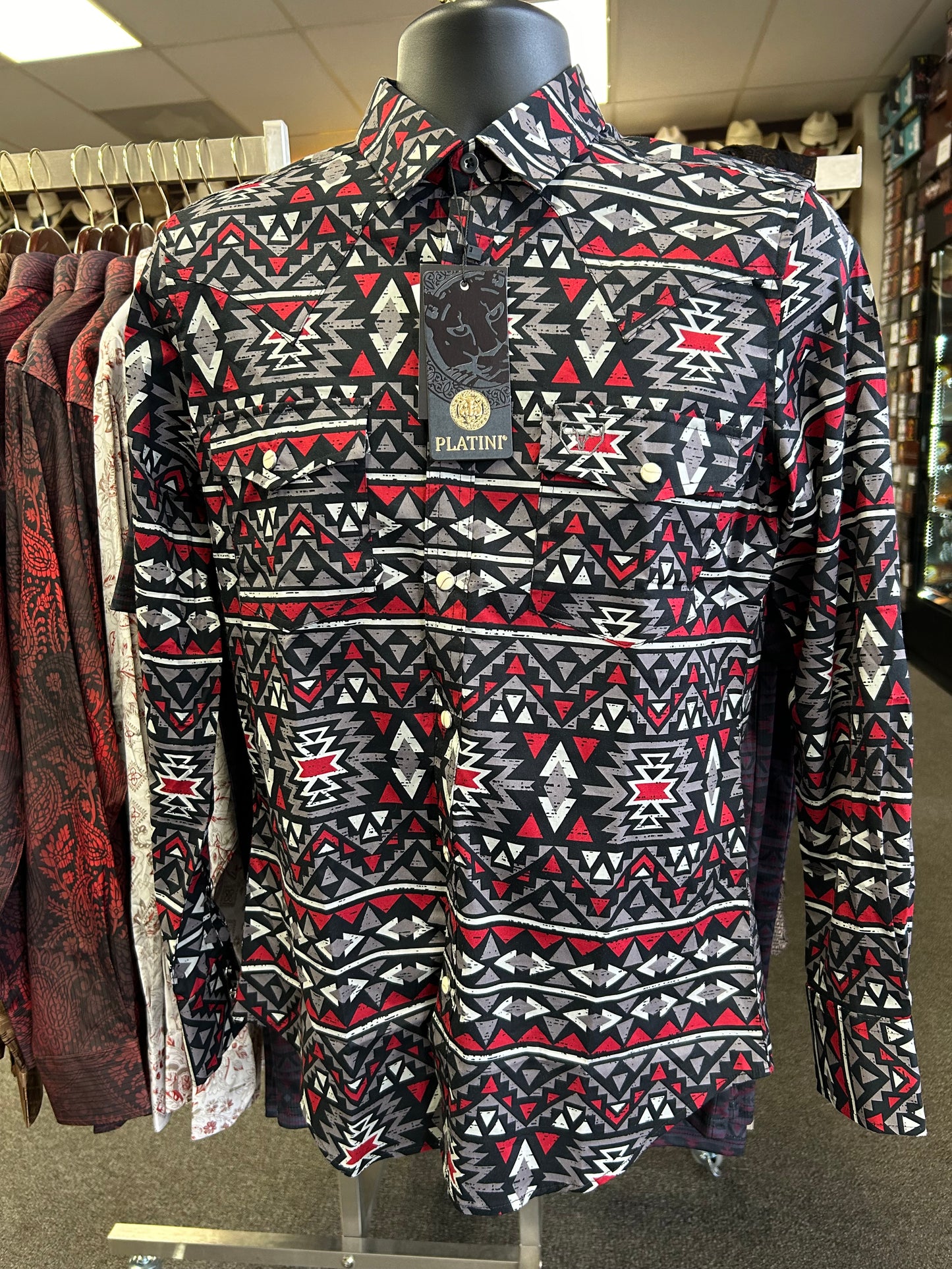 White and Red Aztec Print Dress Shirt
