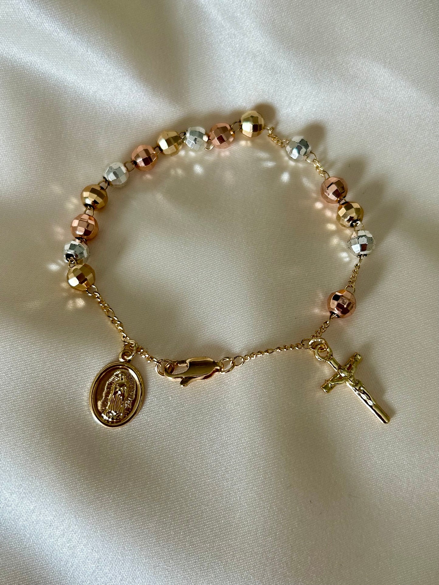 Three Toned Rosary Bracelet with Cross & Mother Mary Charms
