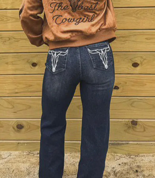 Long Horn Stitch Dark Wash Bootcut Jeans