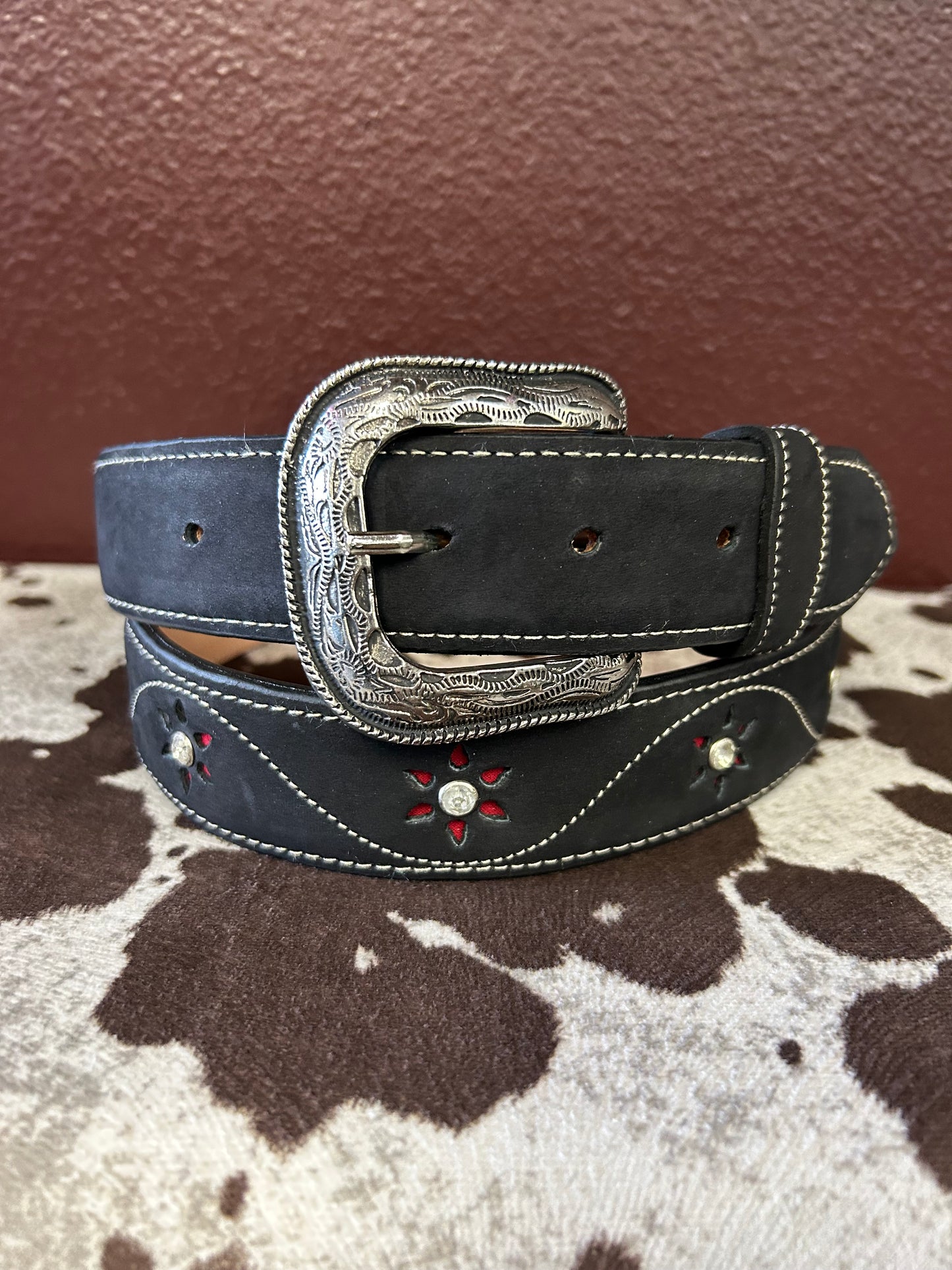 Women’s Black Belt with Red Flower Accents