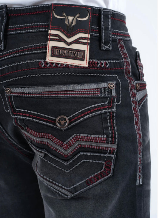 Platini Faded Black with Red Trim Slim Bootcut Jeans