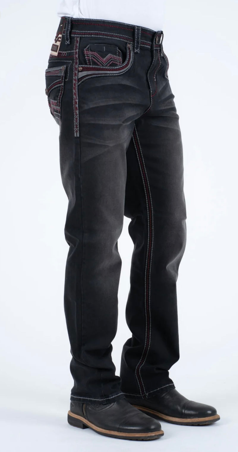 Platini Faded Black with Red Trim Slim Bootcut Jeans